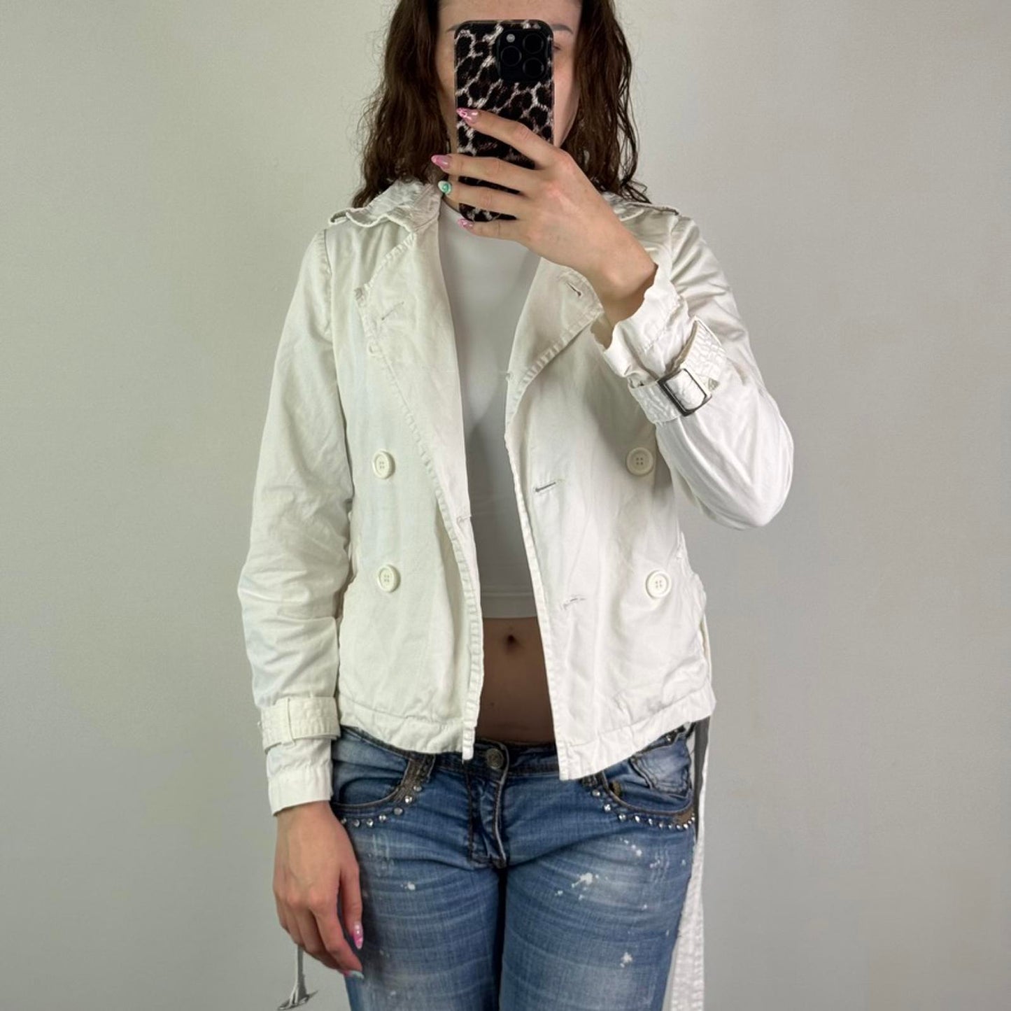 Y2K vintage lightweight button up jacket with belt short trench fitted high neck