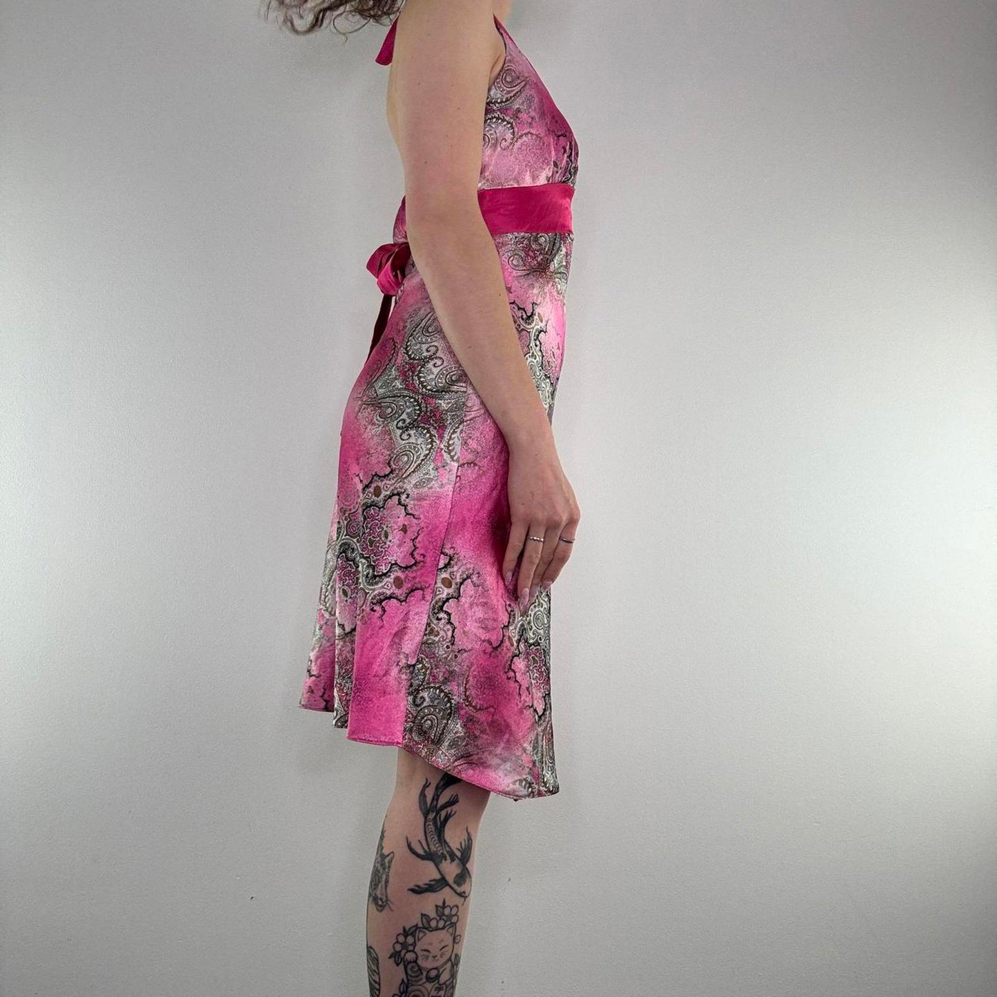 Y2K vintage ombre satin style floaty bow halter neck midi dress lightweight