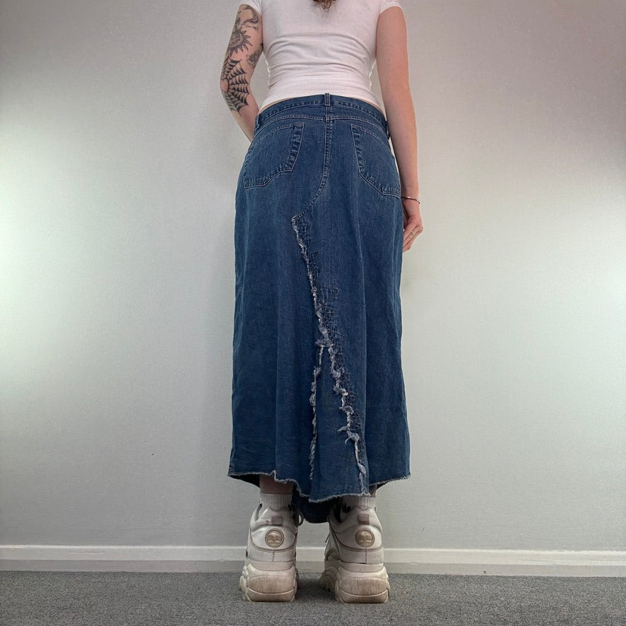 Y2K vintage denim reworked fraying hem maxi skirt