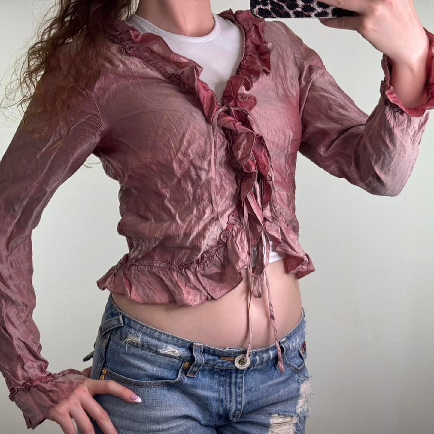 Y2K vintage lightweight jacket frill button up bow ruffle v neck