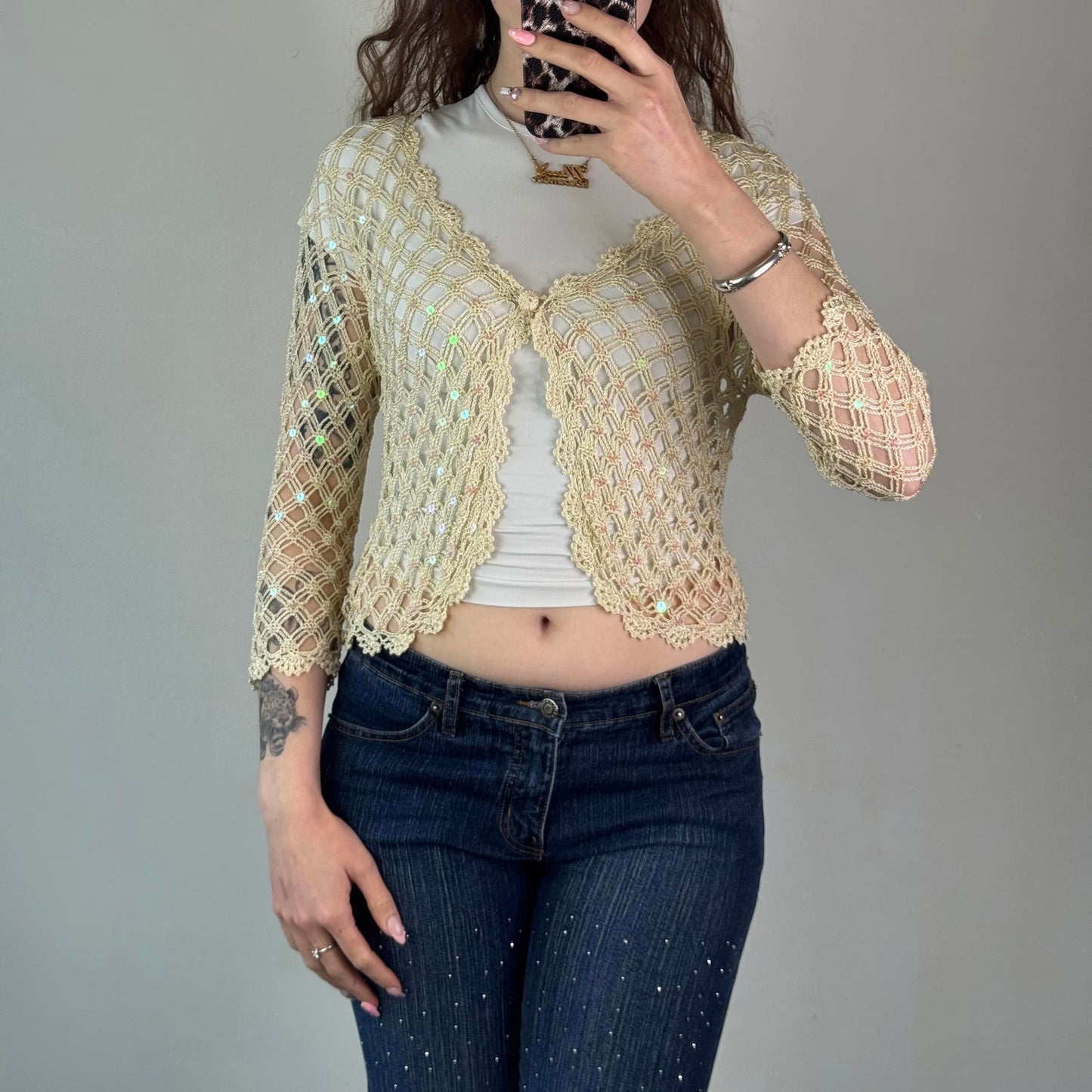 Y2K vintage sequin crochet scallop hem button cardigan 3/4 sleeve summer