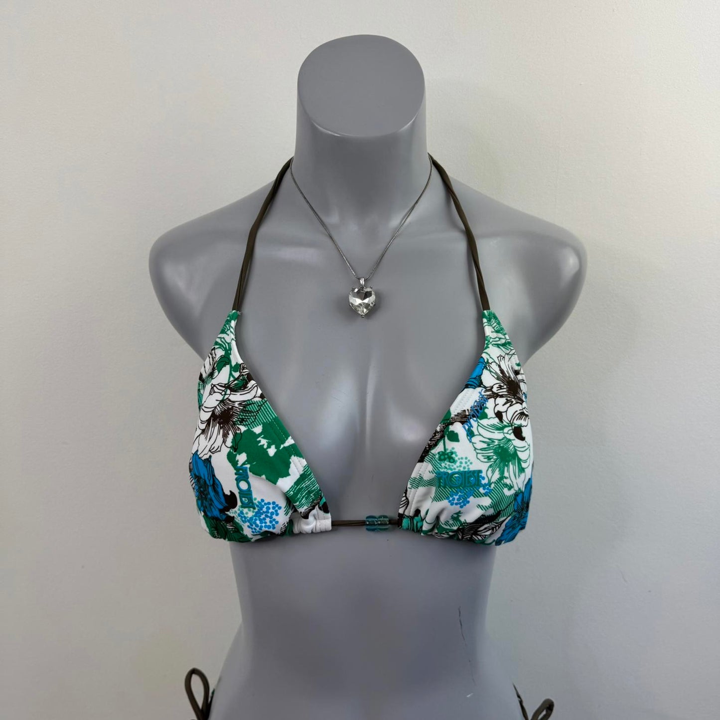 Y2K vintage floral matching bikini set halter neck top adjustable bow white blue