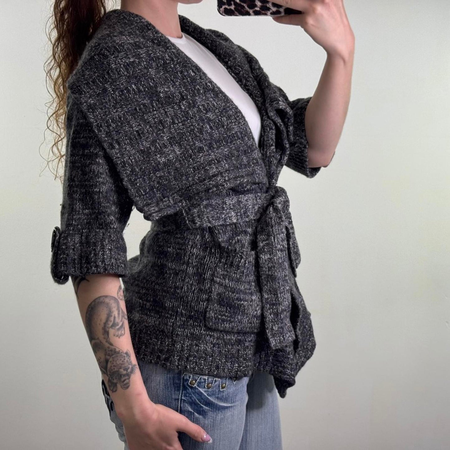 Vintage Karen Millen cashmere angora wool blend short sleeve cardigan belt