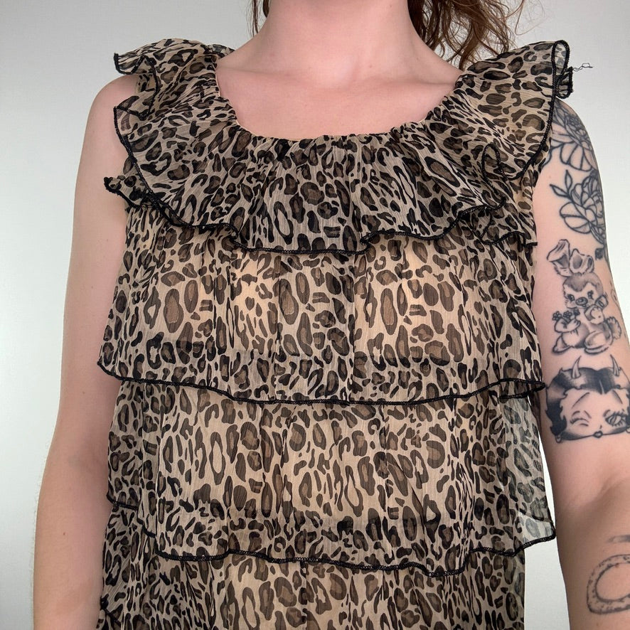 Y2K leopard print frilly tiered mini dress