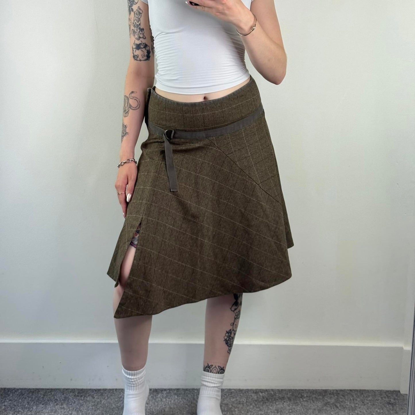 Y2K vintage Bay tweed check print midi skirt asymmetrical buckle a line