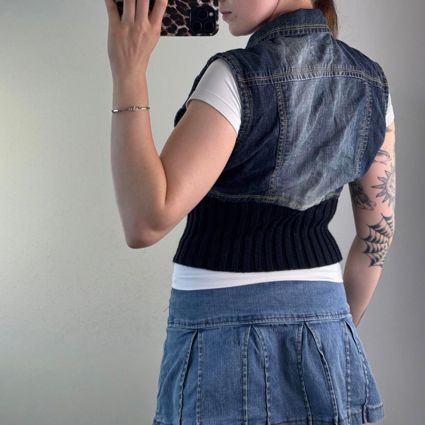 Y2K vintage faded denim sleeveless jacket knit waistband cropped short length