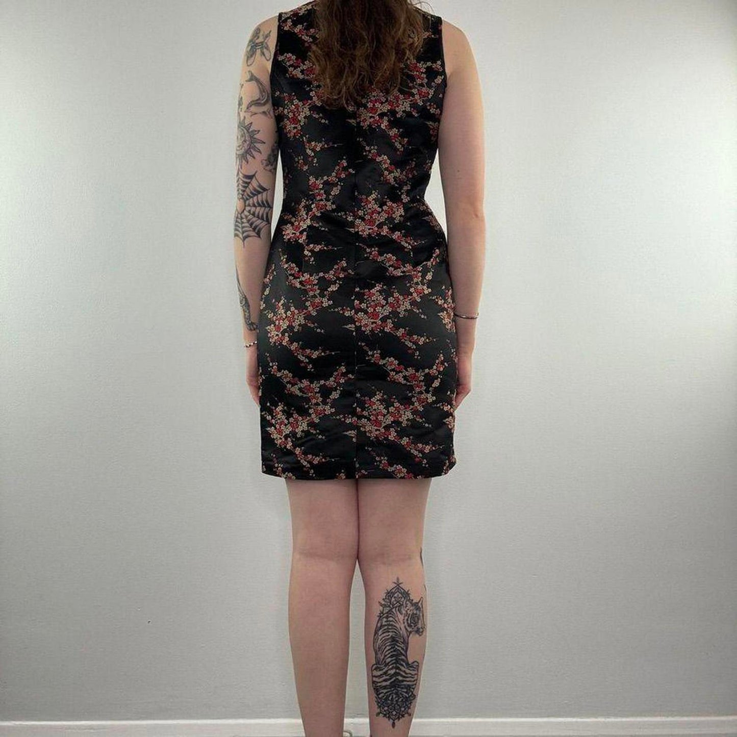 Y2K vintage satin style blossom floral keyhole mini dress oriental high neck