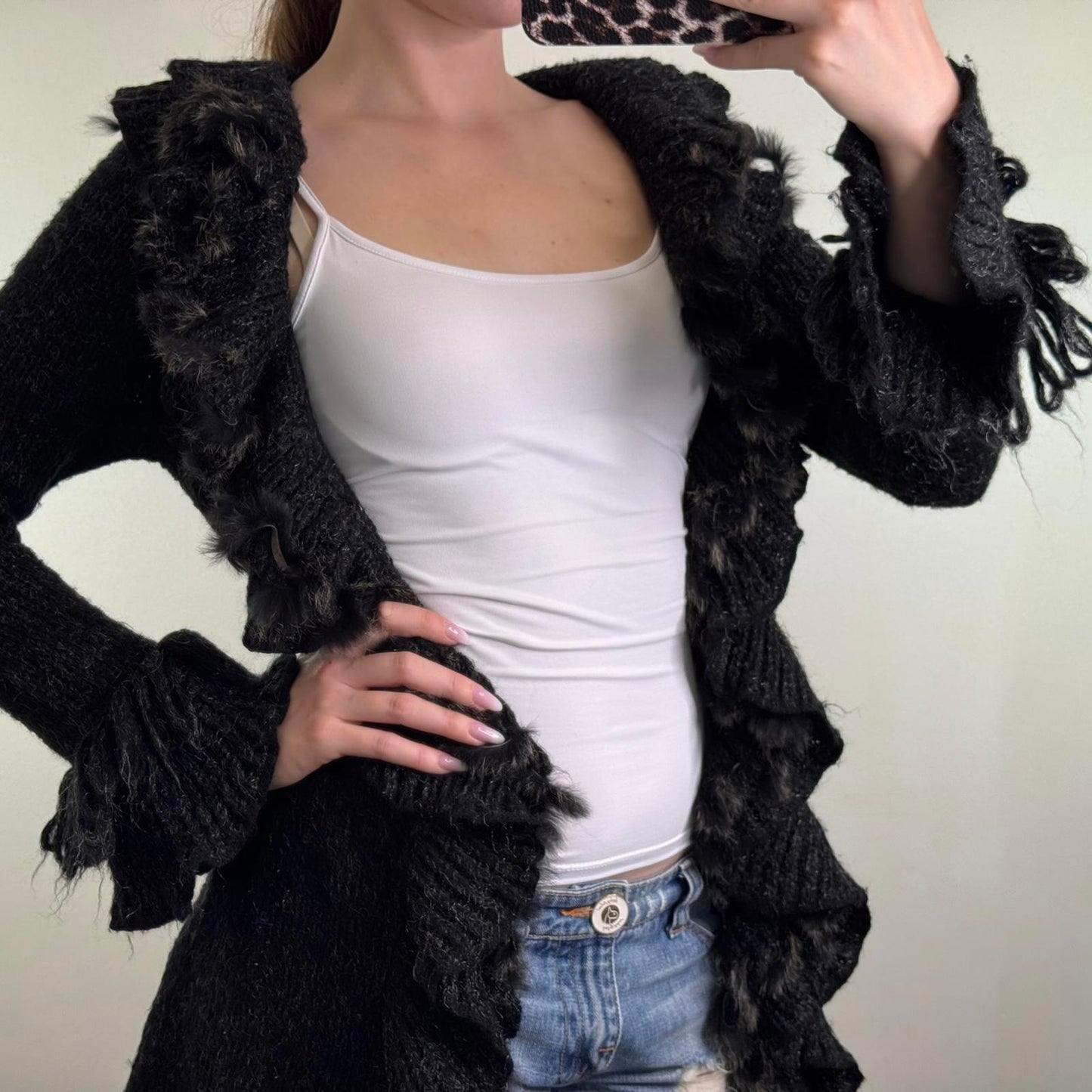 Y2K vintage wool mohair blend cardigan genuine fur ruffle trim long length