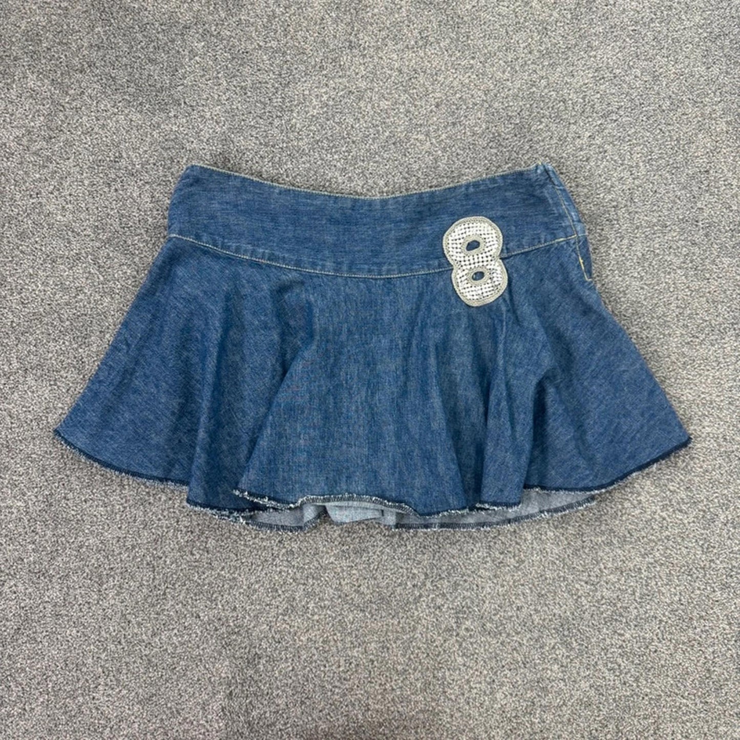 Y2K vintage low rise denim mini skirt number 8 chainmail embroidered a line rara