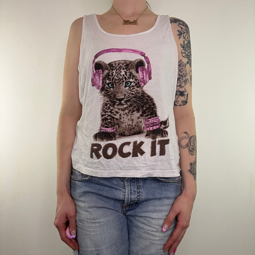 Y2K vintage leopard tank top rock it text slogan baggy