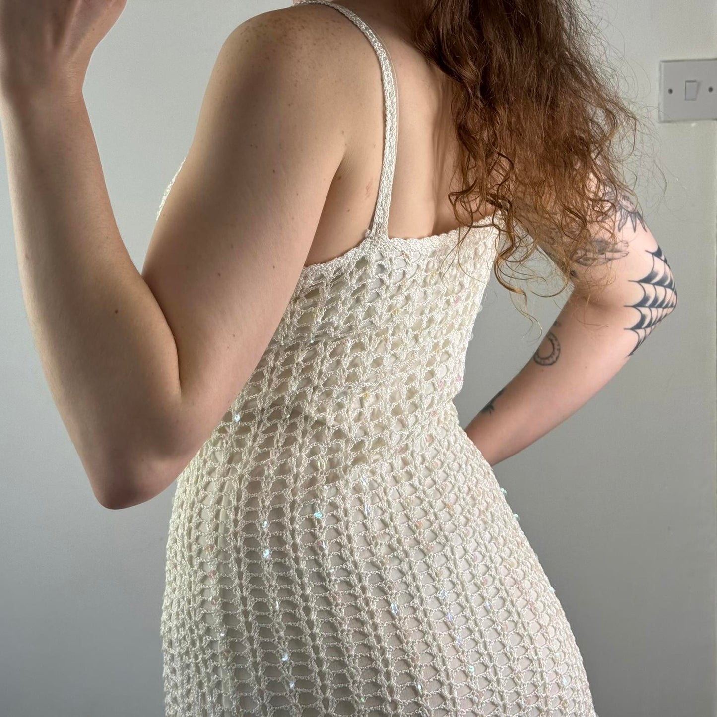 Y2K vintage sequin crochet midi dress v neck strappy knee length summer holiday