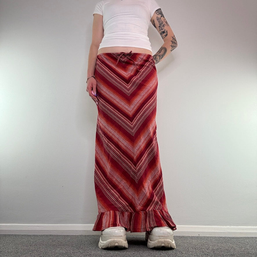 Y2K boho stripy bow chevron maxi skirt frilly hem