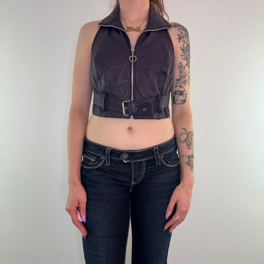 90s Y2K vintage leather halter neck zip up crop top