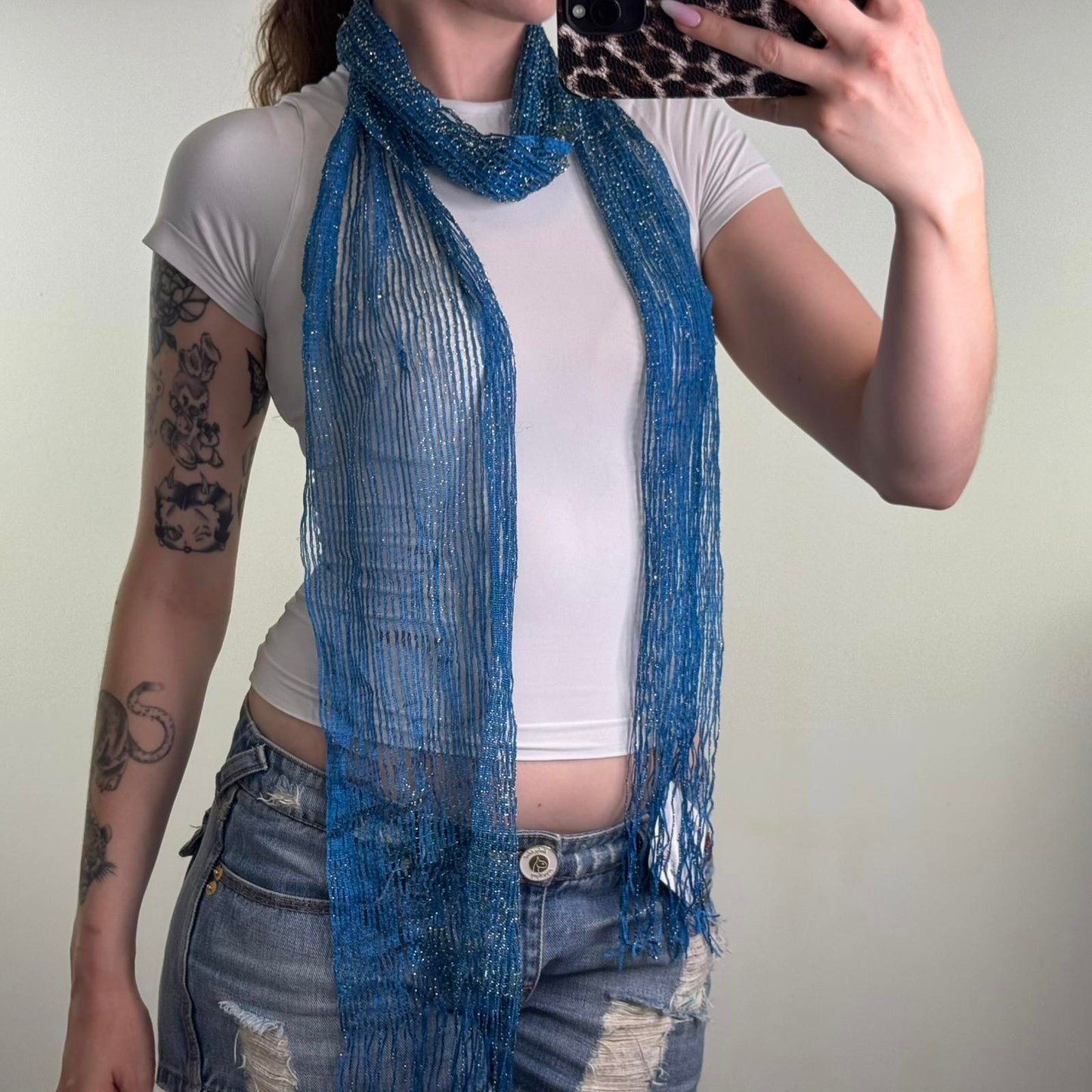 Y2K vintage sparkly glitter scarf stripe sheer blue tassel