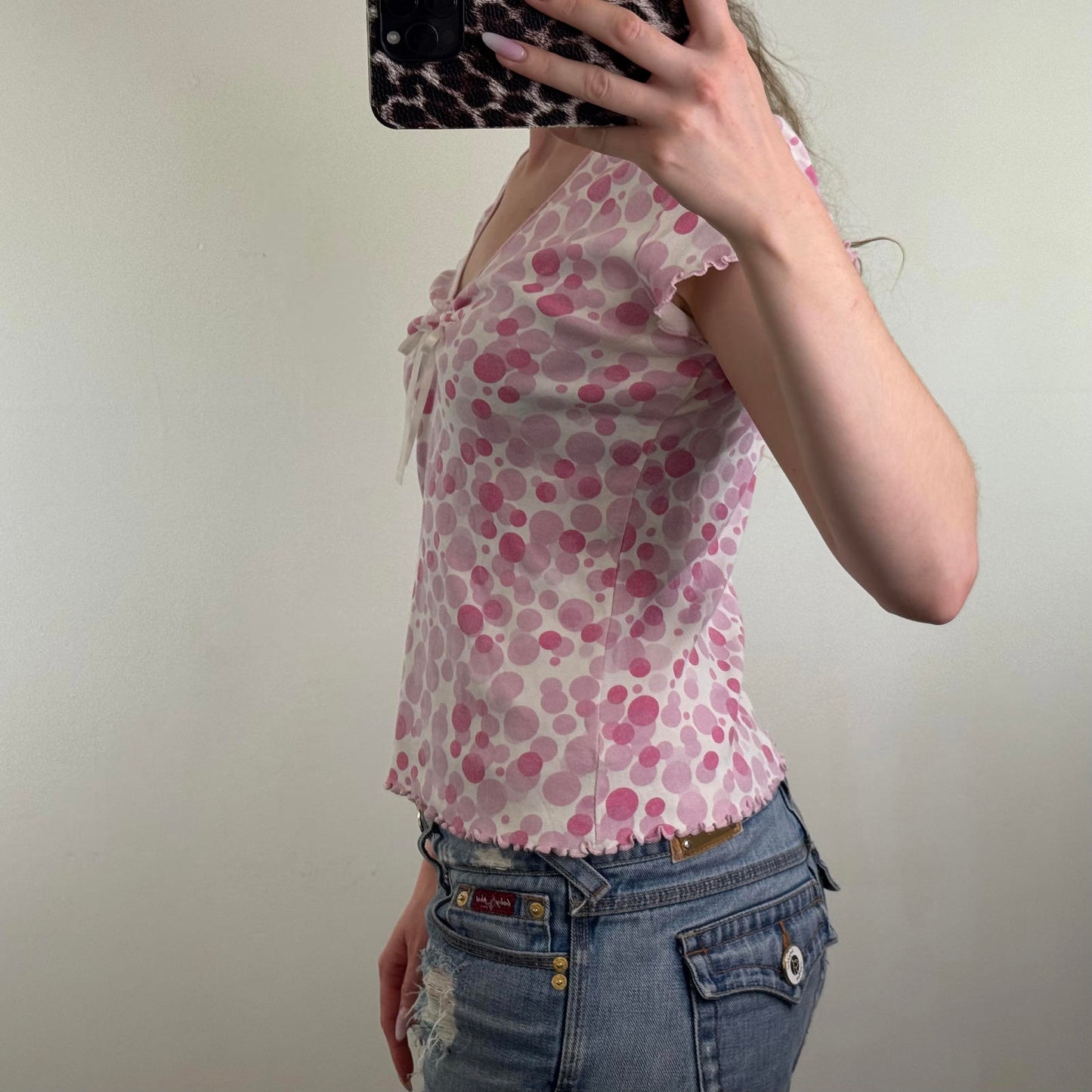 Y2K vintage polka top t shirt top v neck ruched bow short sleeve lettuce hem