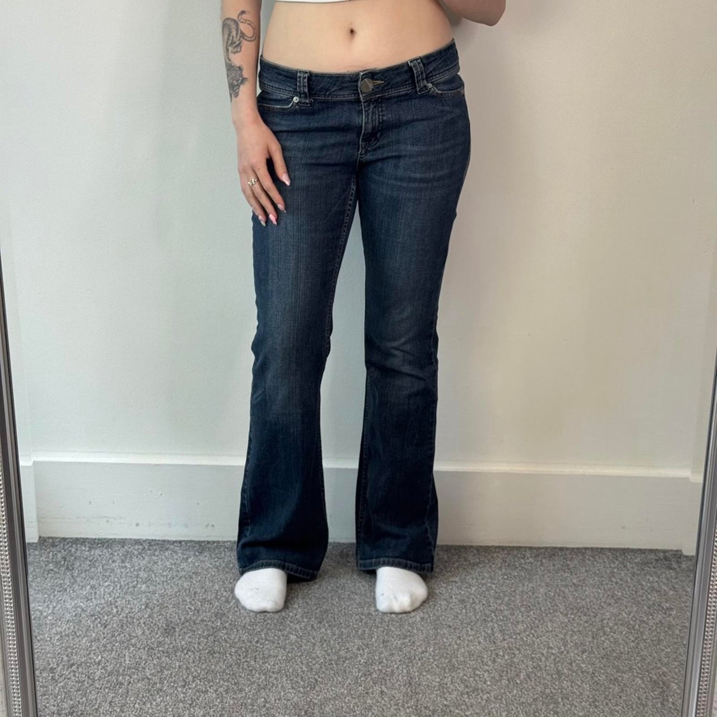 Y2K vintage low rise bootcut jeans dark denim embellished pockets mcbling