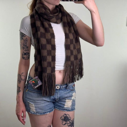 Y2K vintage check print fluffy scarf brown tassel soft