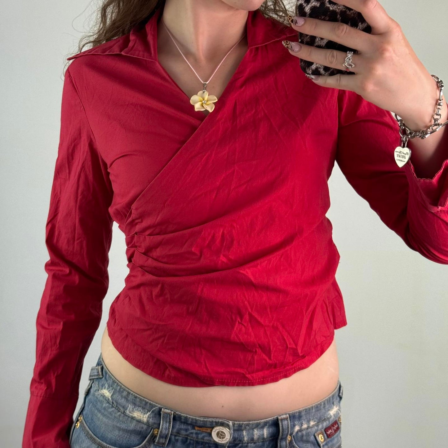 Y2K vintage red ruched long sleeve blouse shirt tie adjustable bow stretchy