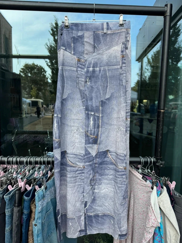 Y2K vintage stretchy bodycon maxi skirt sparkly denim pattern