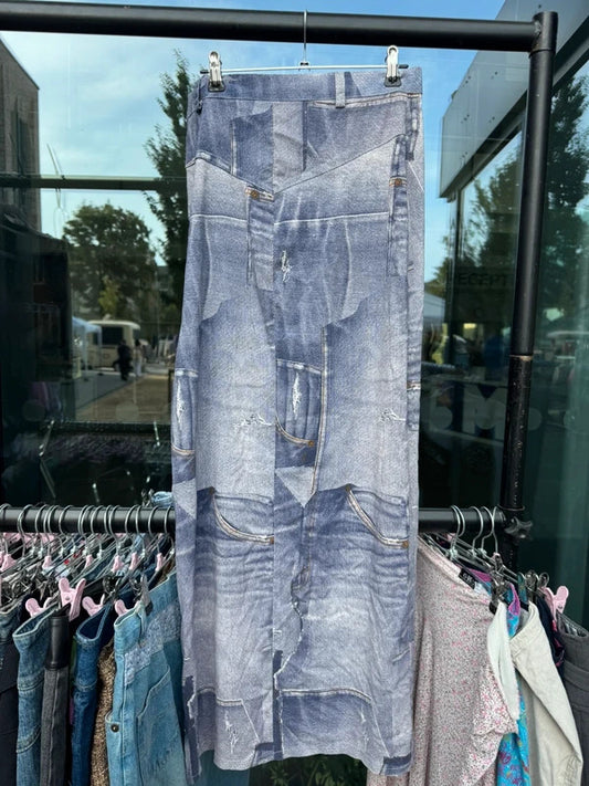 Y2K vintage stretchy bodycon maxi skirt sparkly denim pattern