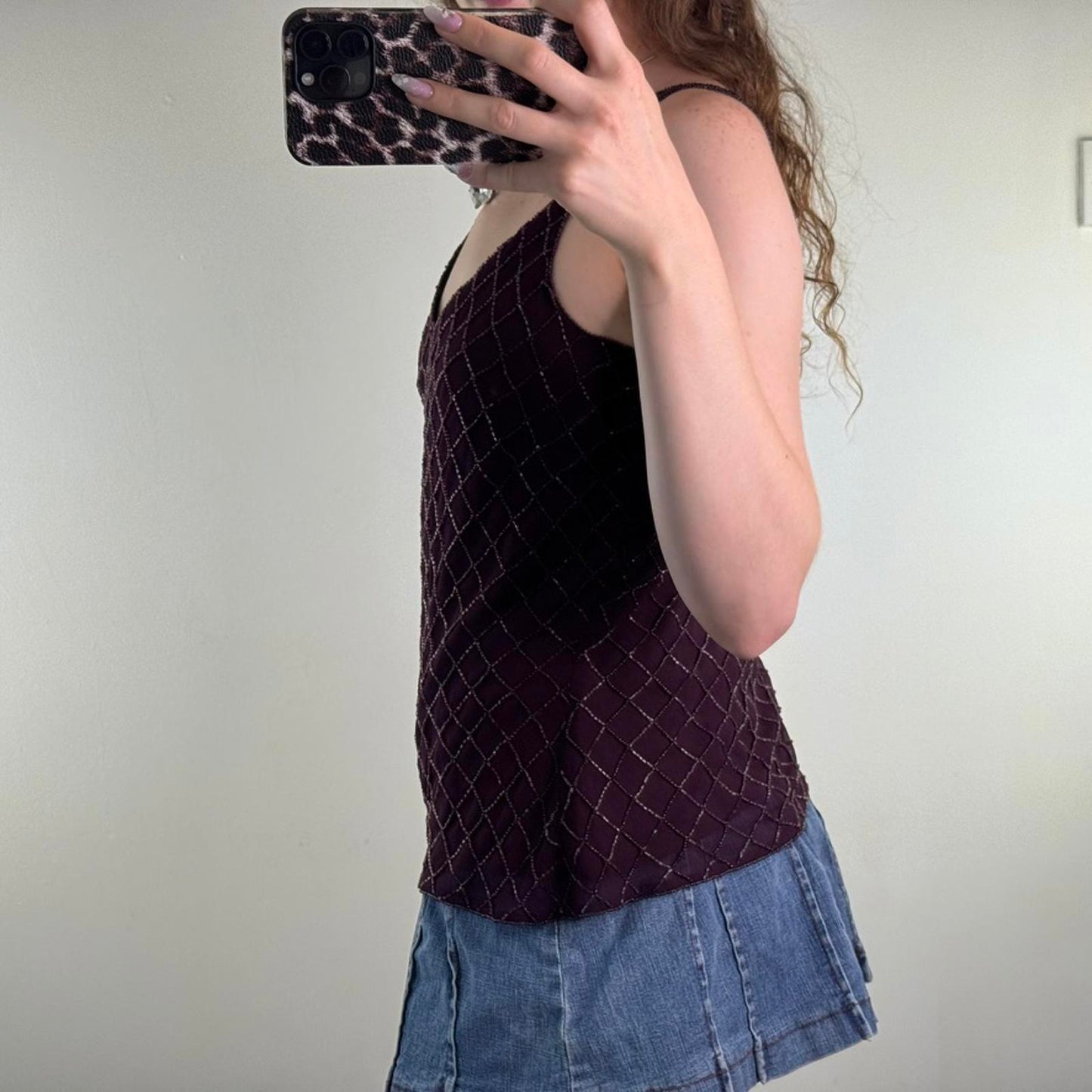 Y2K vintage beaded embellished v neck cami top diamond double layer