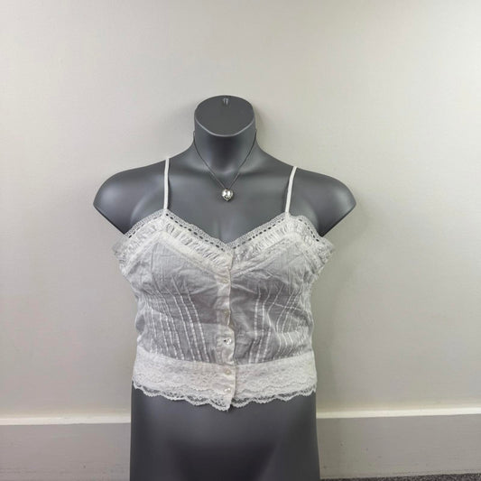 Y2K vintage coquette cotton cami top lace trim strappy button up