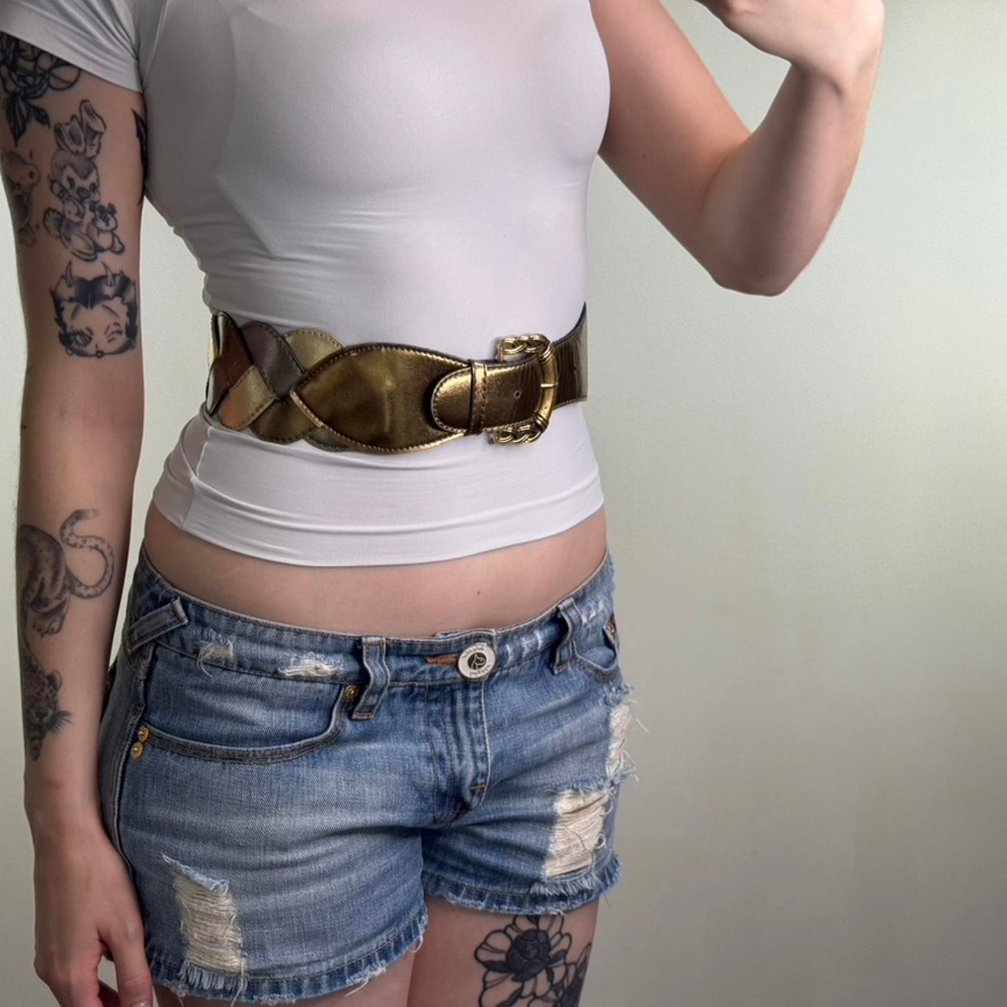 Y2K vintage woven chunky belt high waist silver gold faux leather