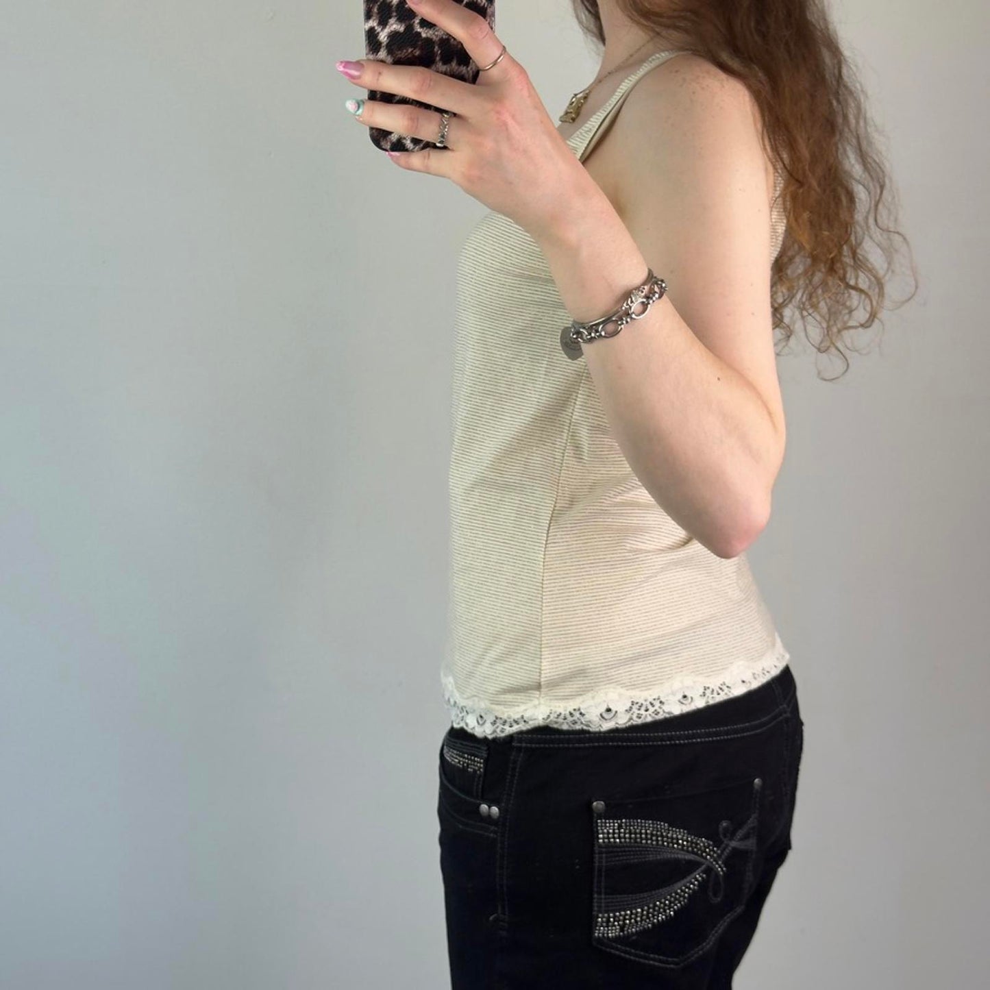 Y2K vintage stripe glitter v neck tank top lace trim 3D rose cream gold stretchy