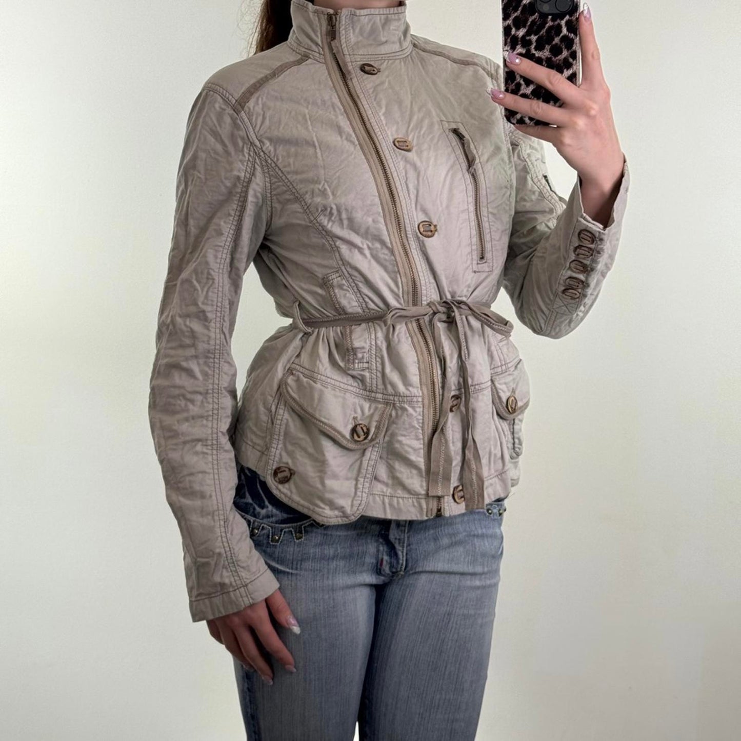 Y2K vintage lightweight button up jacket funnel high neck zip buttons tie belt