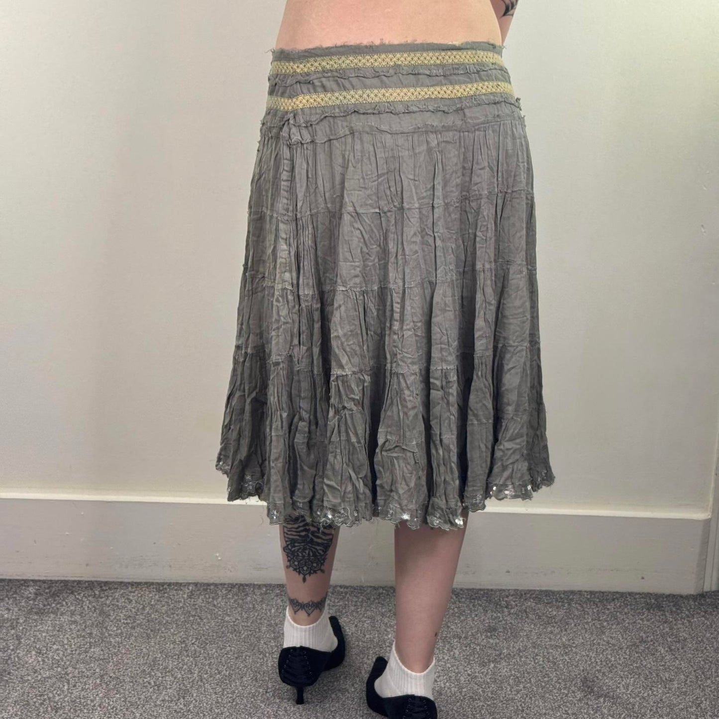Y2K vintage River Island midi skirt a line tiered sequin embellished trim boho