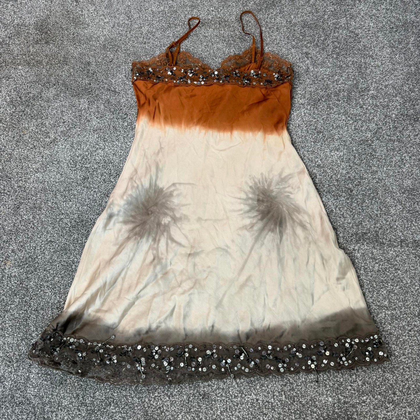 Y2K vintage Pinko 100% silk ombre sequin beaded embellished mini dress lace trim