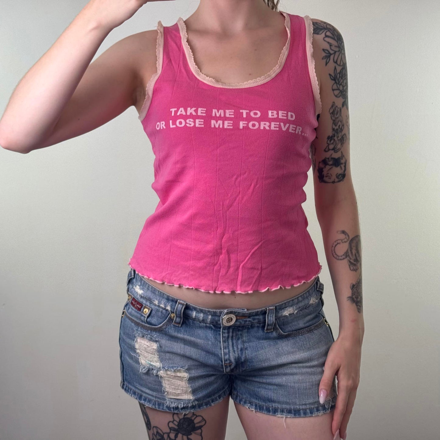 Y2K vintage slogan tank top lace trim lettuce hem hot baby pink round neck