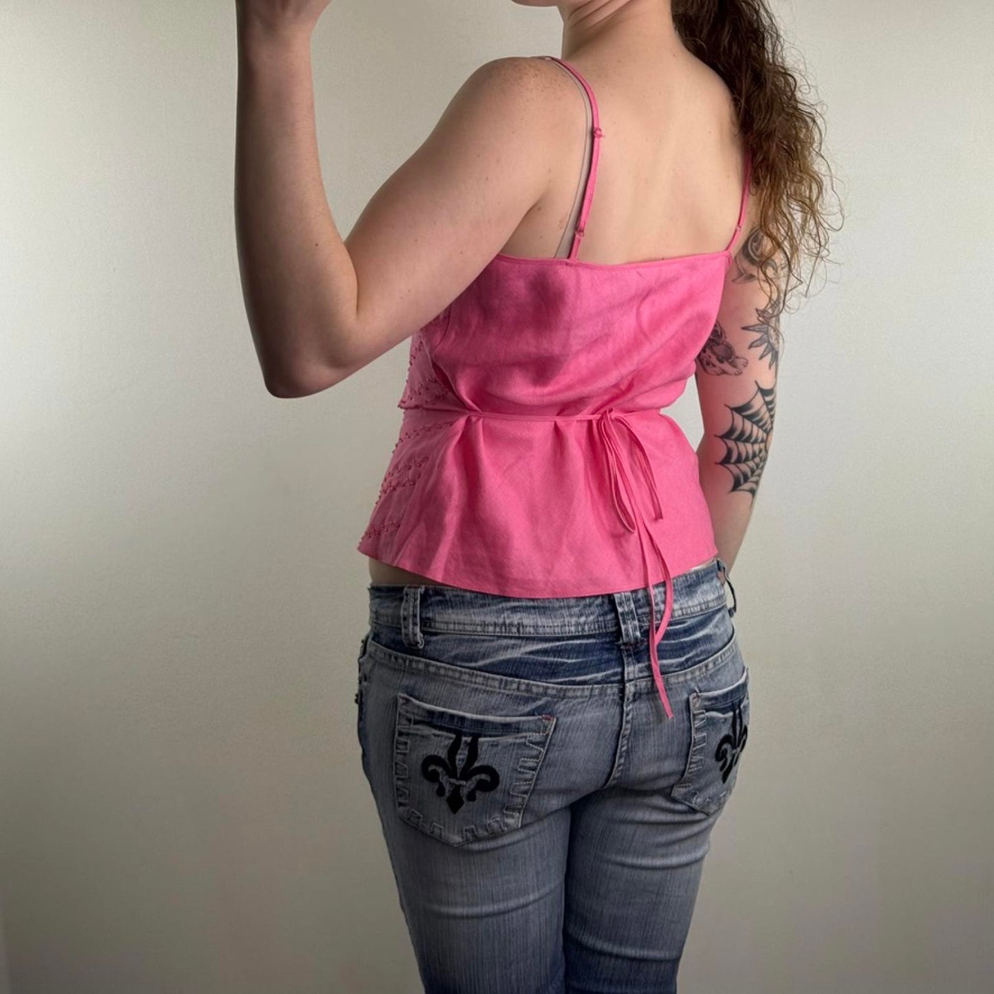Y2K vintage 100% pure linen cami top adjustable bow beaded chevron stripe pink