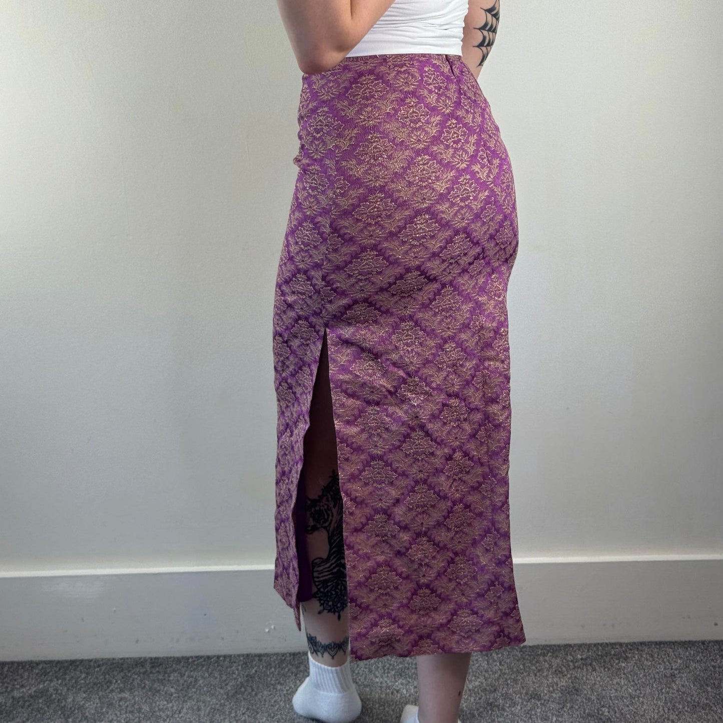 Y2K vintage Karen Millen maxi skirt brocade pattern floral gold purple