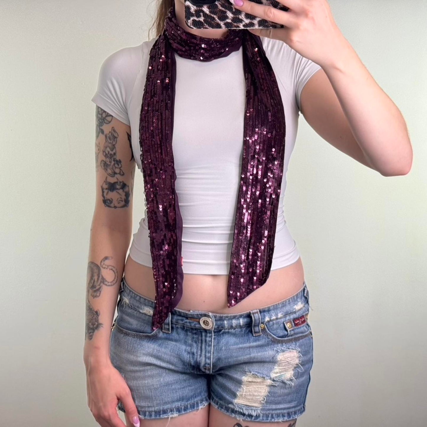Y2K vintage sequin skinny scarf purple embellished party thin