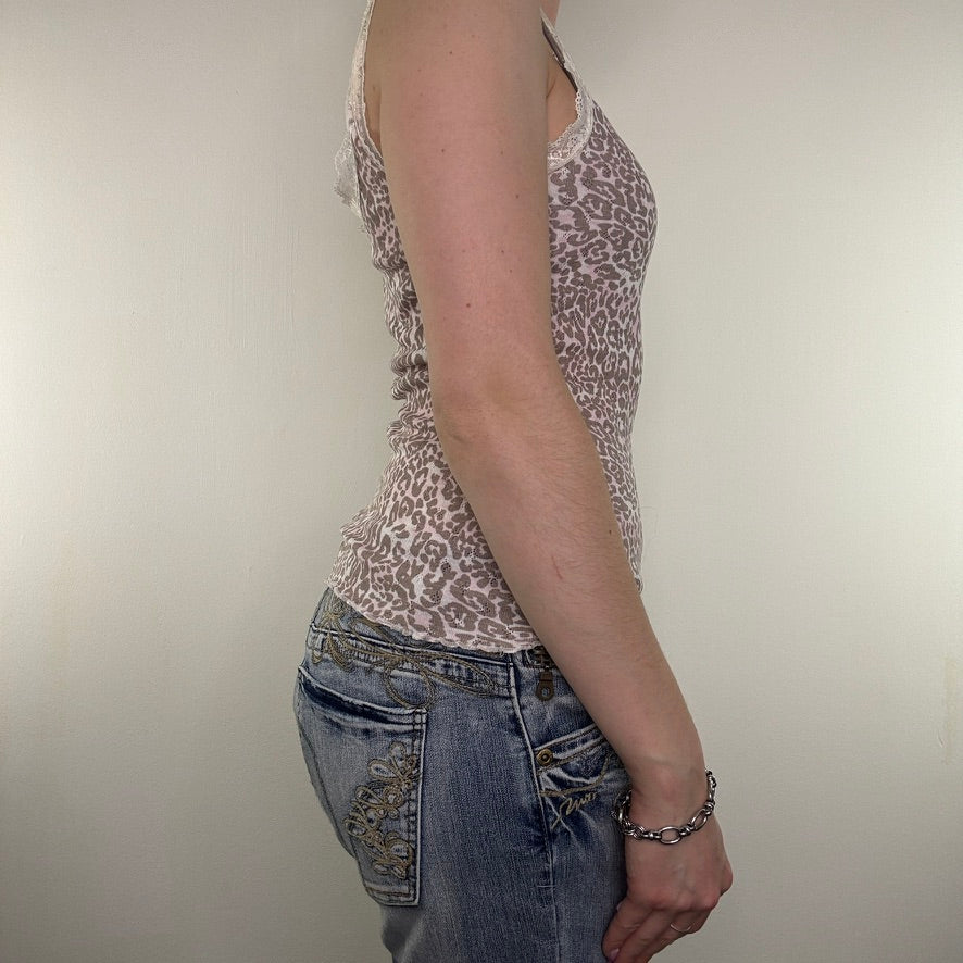 Y2K vintage leopard print lace trim cami top light pink/brown lettuce hem bow