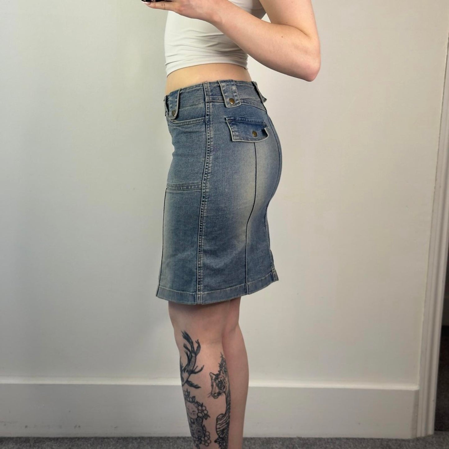 Y2K vintage fitted stretchy faded denim zipper front archive midi skirt cargo
