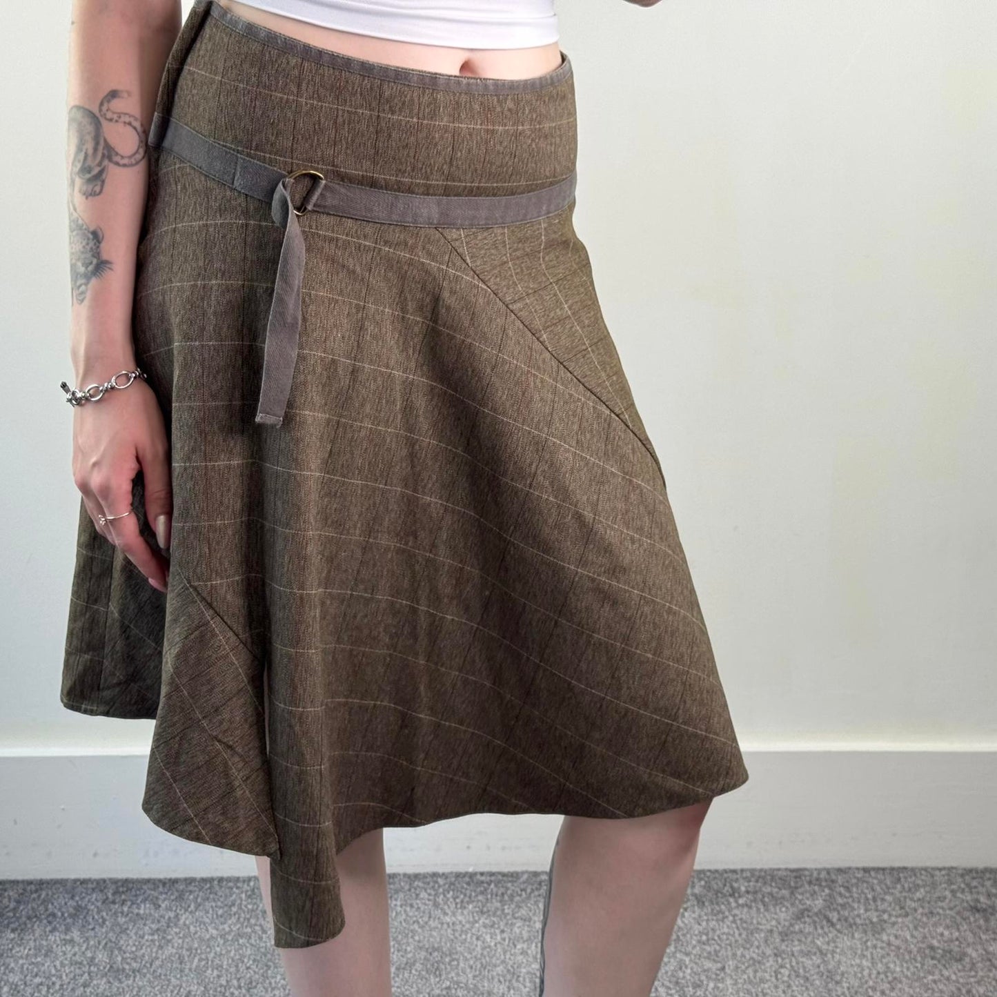 Y2K vintage Bay tweed check print midi skirt asymmetrical buckle a line