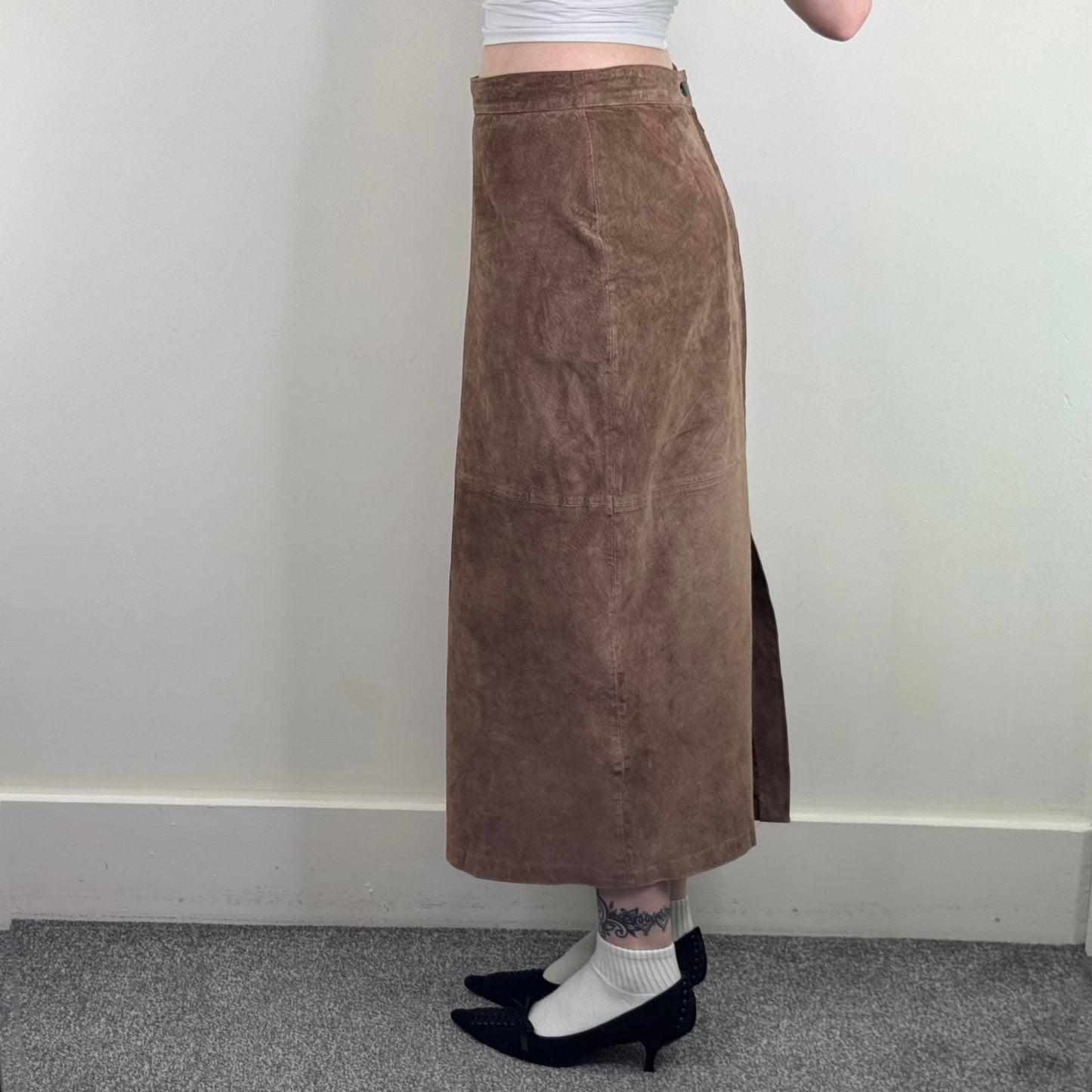 Y2K vintage genuine leather suede maxi skirt a line long full length brown