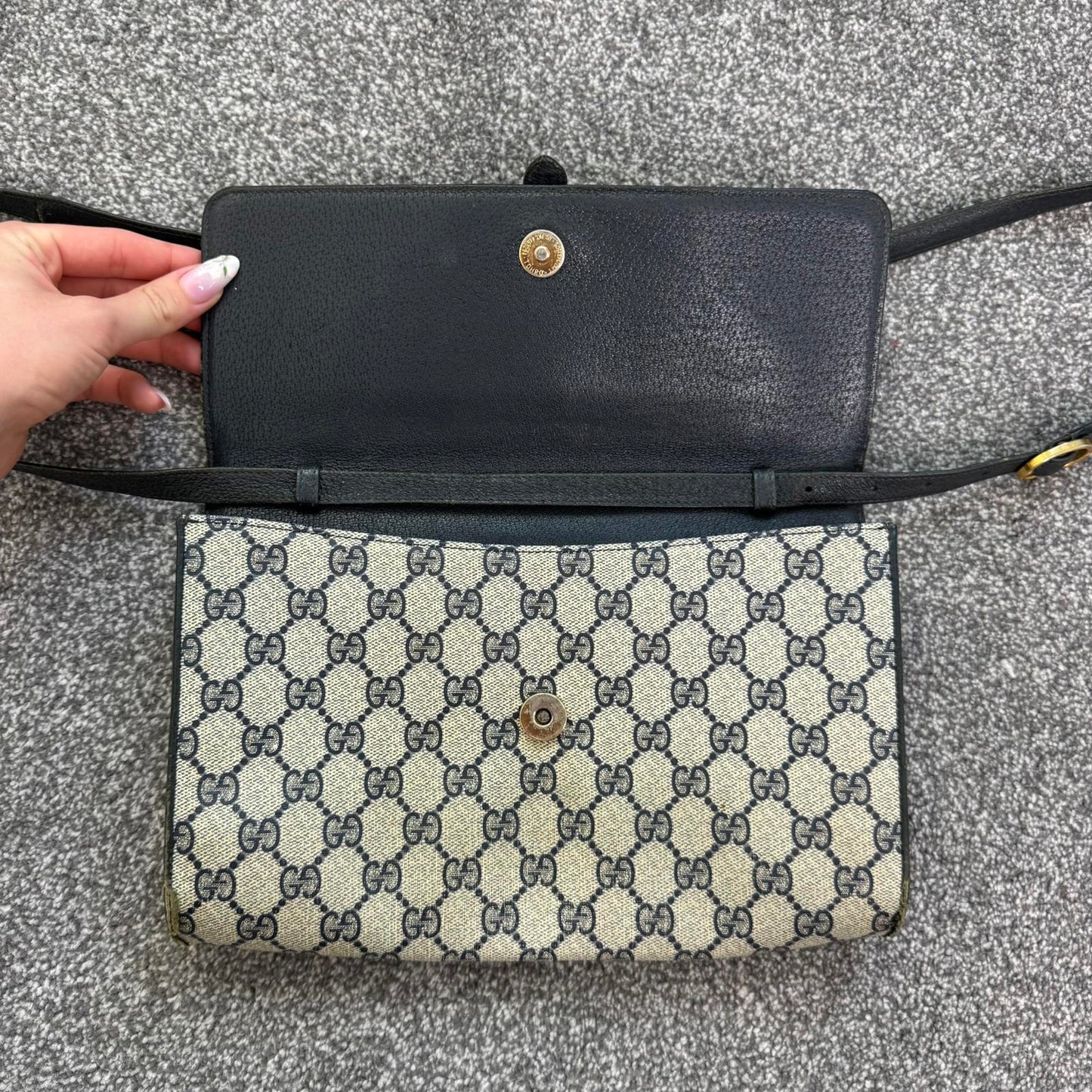 Vintage Gucci Ophidia canvas crossbody bag monogram navy blue cream clutch