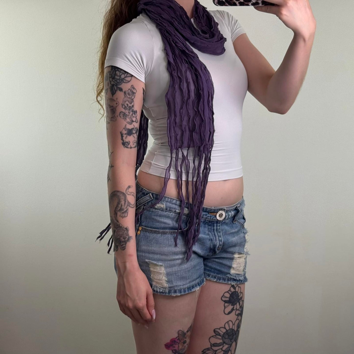 Y2K vintage sheer purple scarf tassel fringe