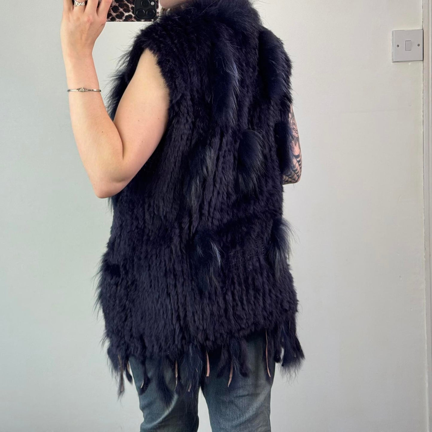 Genuine rabbit/ racoon fur sleeveless jacket gilet dark blue navy side pockets