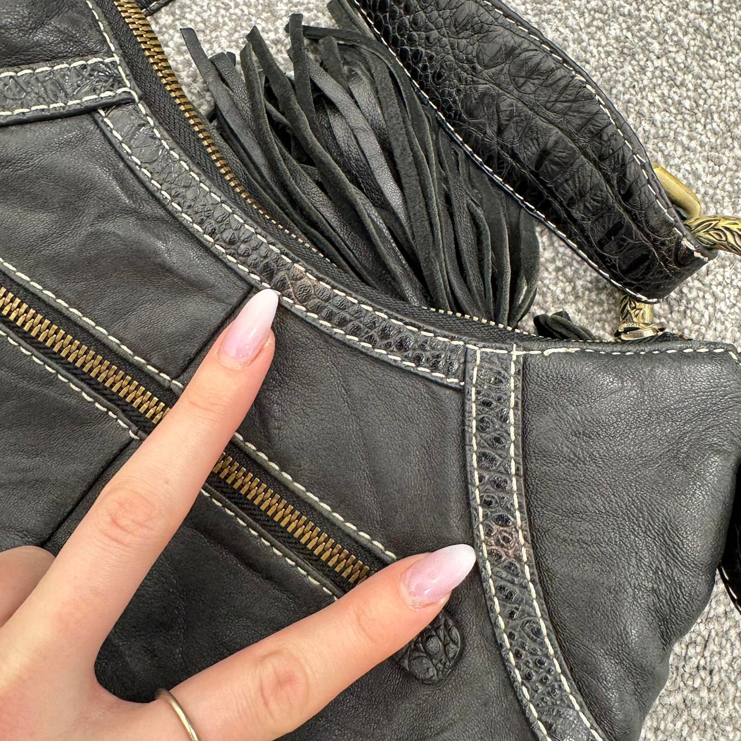 Y2K vintage genuine leather shoulder bag butter soft fringe charm hobo slouchy