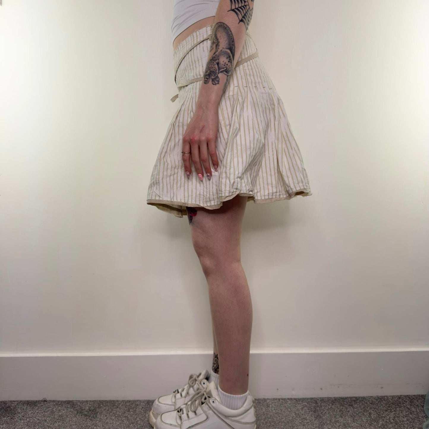 Y2K vintage striped mini skirt cotton coquette beige white criss cross wrap bow