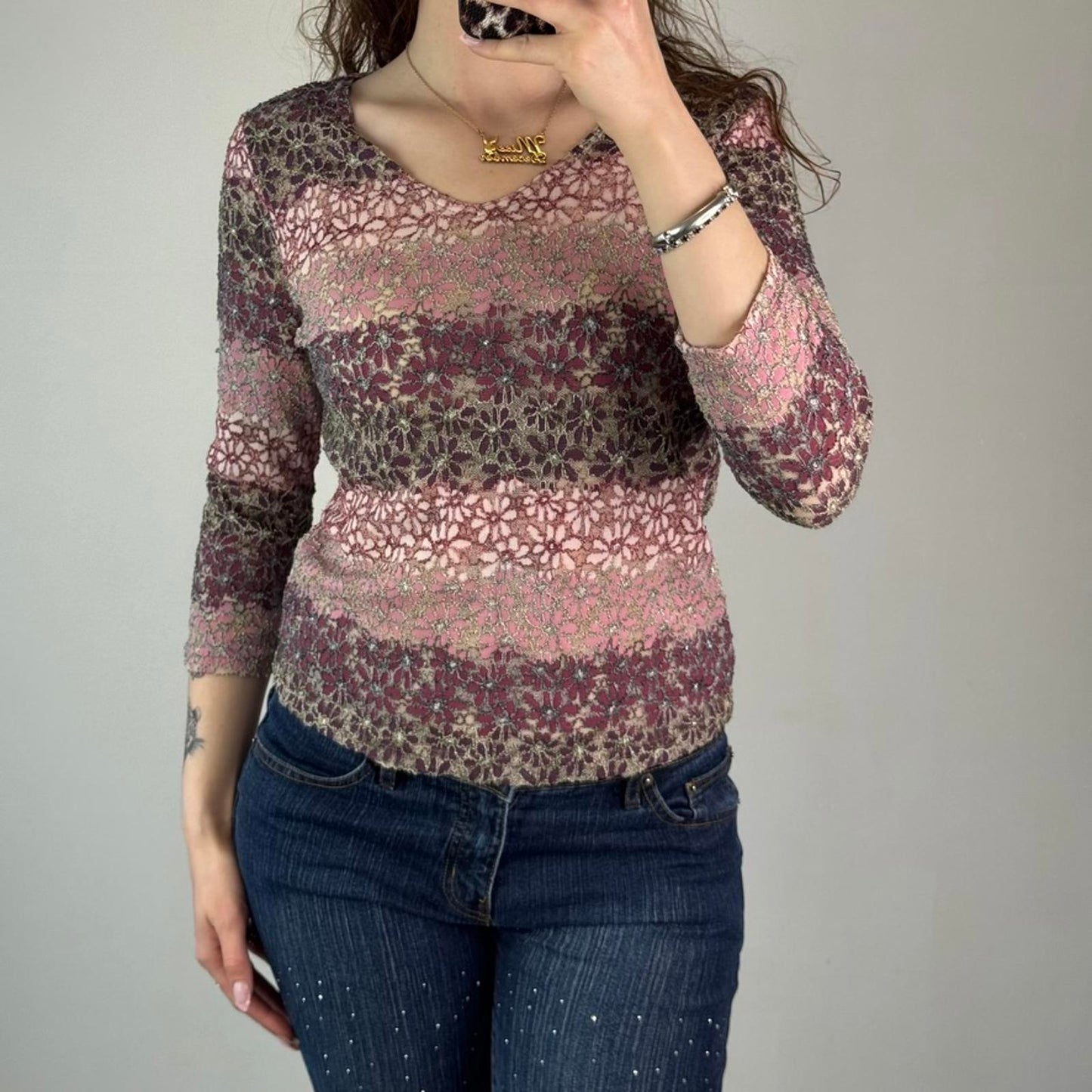 Y2K vintage mesh floral stripe 3/4 sleeve top lace pink/ purple v neck