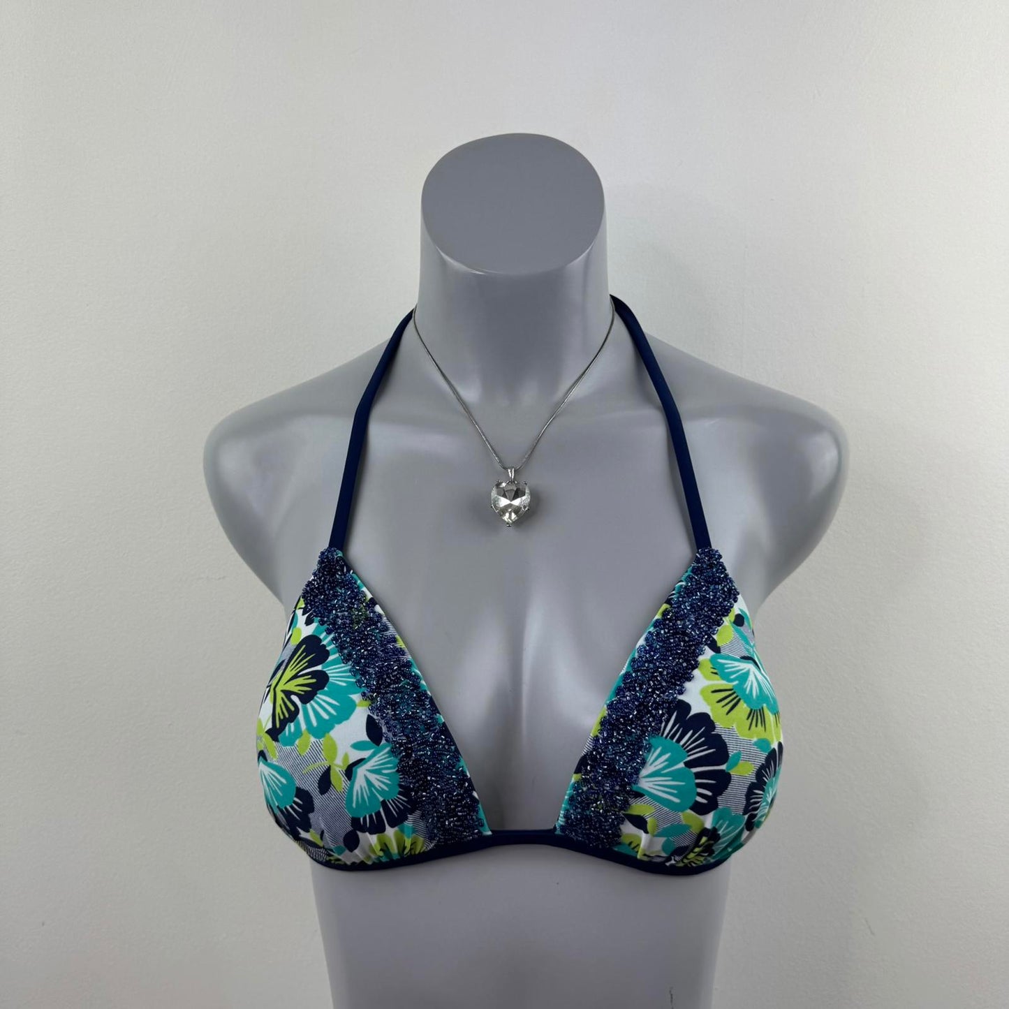 Y2K vintage light push up halter neck bikini top floral print beaded