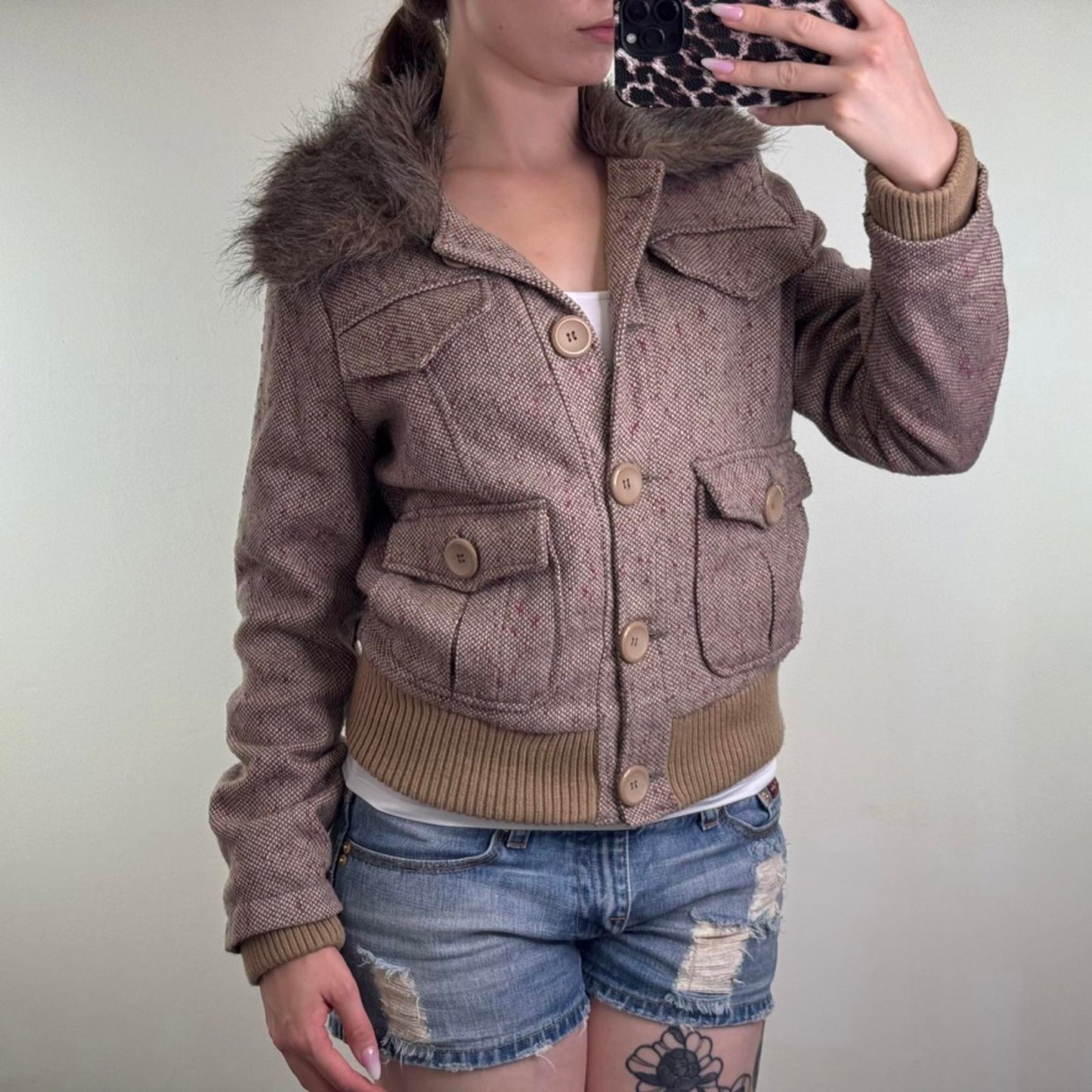 Y2K vintage tweed wool blend button up coat winter jacket faux fur trim collar