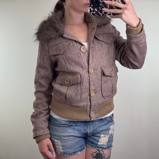 Y2K vintage tweed wool blend button up coat winter jacket faux fur trim collar