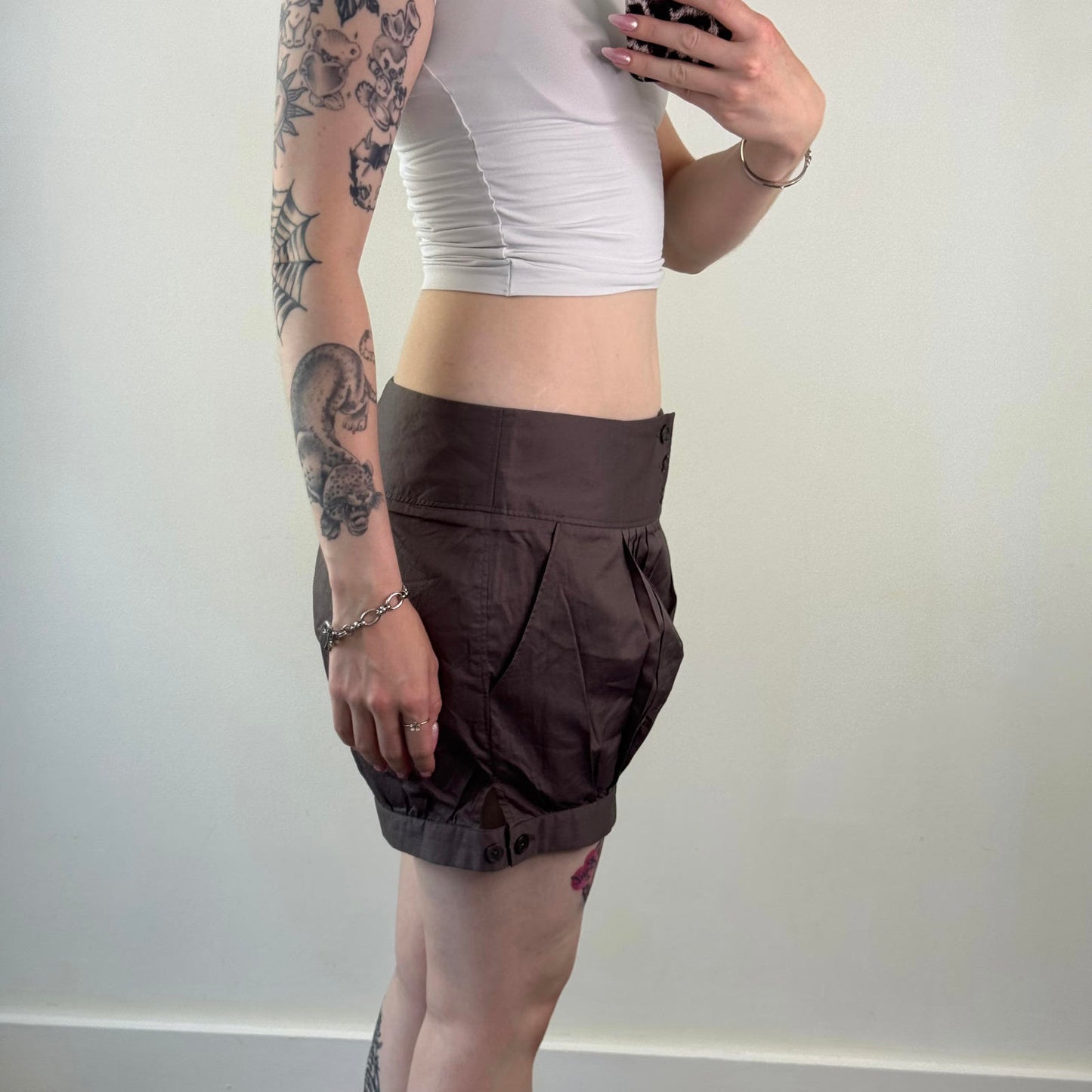 Y2K vintage mid rise pleated mini shorts buttons bubble hem puffy archive
