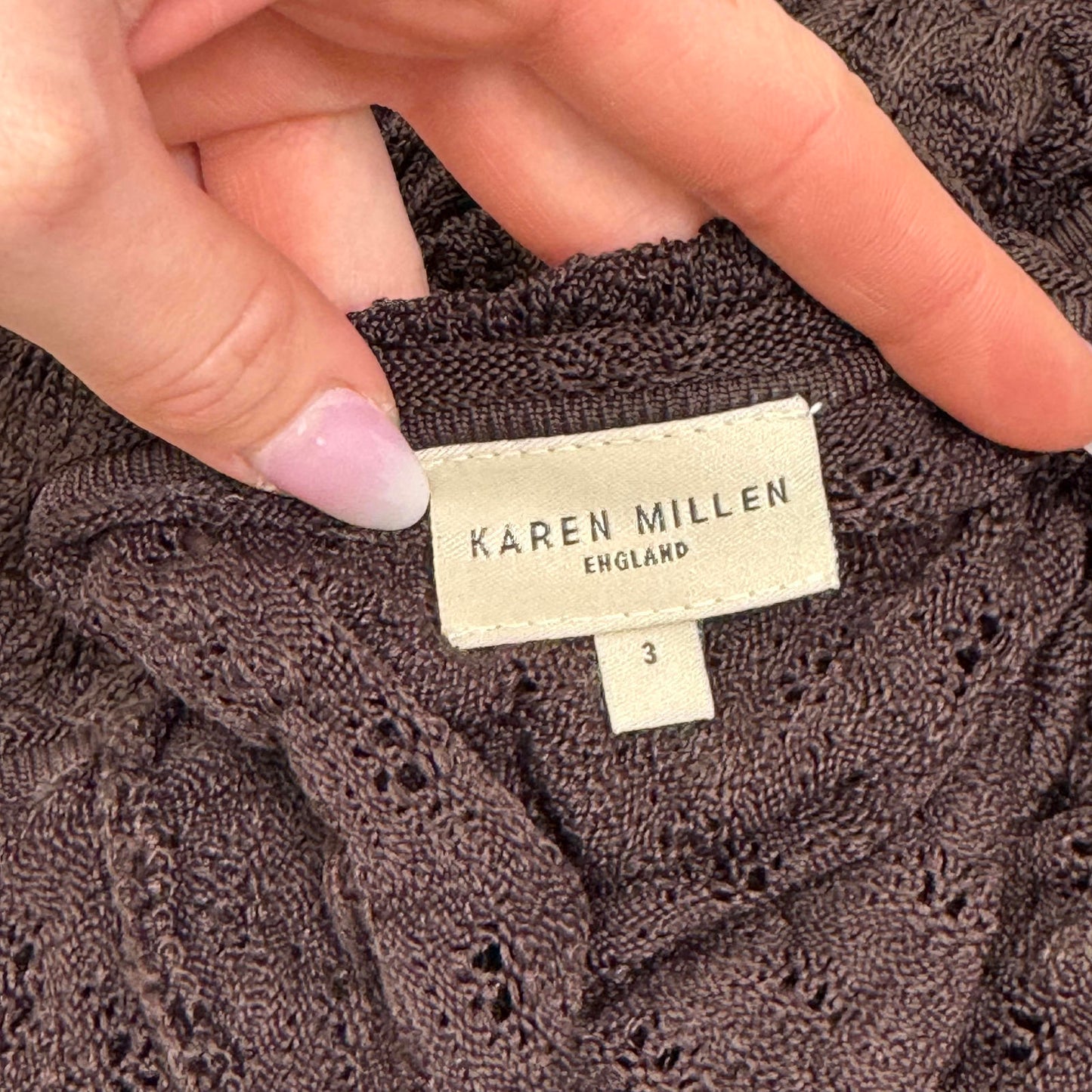 Y2K vintage Karen Millen fine knit cardigan 3/4 sleeve hook and eye frill fitted